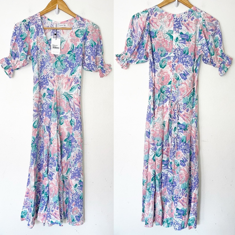 New Faithful the Brand Maggie Midi Dress Ondine Floral Size 2 Puff Sleeve XS